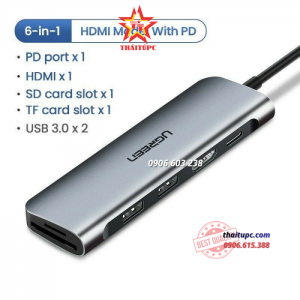 Hub USB Type C 6 in 1 to HDMI, USB 3.0, đọc thẻ SD/TF Ugreen 70410