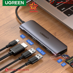 Cáp Chuyển USB Type C to HDMI kèm Hub USB 3.0 2 Cổng + Đọc thẻ TF/SD Cao Cấp Ugreen 70411